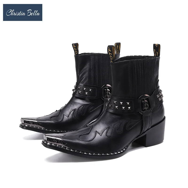 

Christia Bella Punk Style Rivets Men Cowboy Short Boots Winter Genuine Leather Ankle Boots Mid Heel Rock Motorcycle Boots Shoes