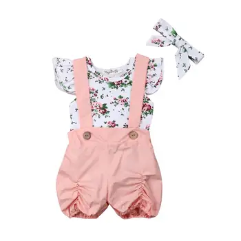 

3pcs Baby Girl Clothes Newborn Toddler Fly Sleeve Print Romper Top+Short Overalls Pants Headbands Outfits Set for Age 0-18Months