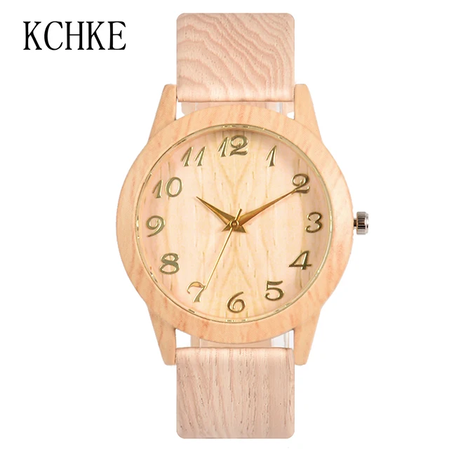 KCHKE 2020 Black/Coffee/Beige Dial Natural Bamboo Wood Watch Men Women Genuine Leather Wooden Clock Male hour Reloj de madera Men Beige