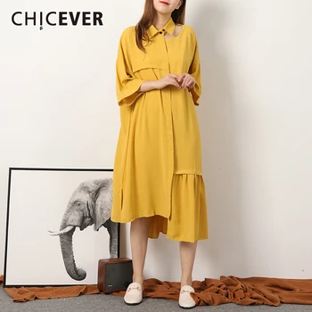 

CHICEVER Loose Asymmetrical Dress Women Lapel Collar Wrist Sleeve Oversize Casual Midi Dresses Female 2020 Fashion New Clothes