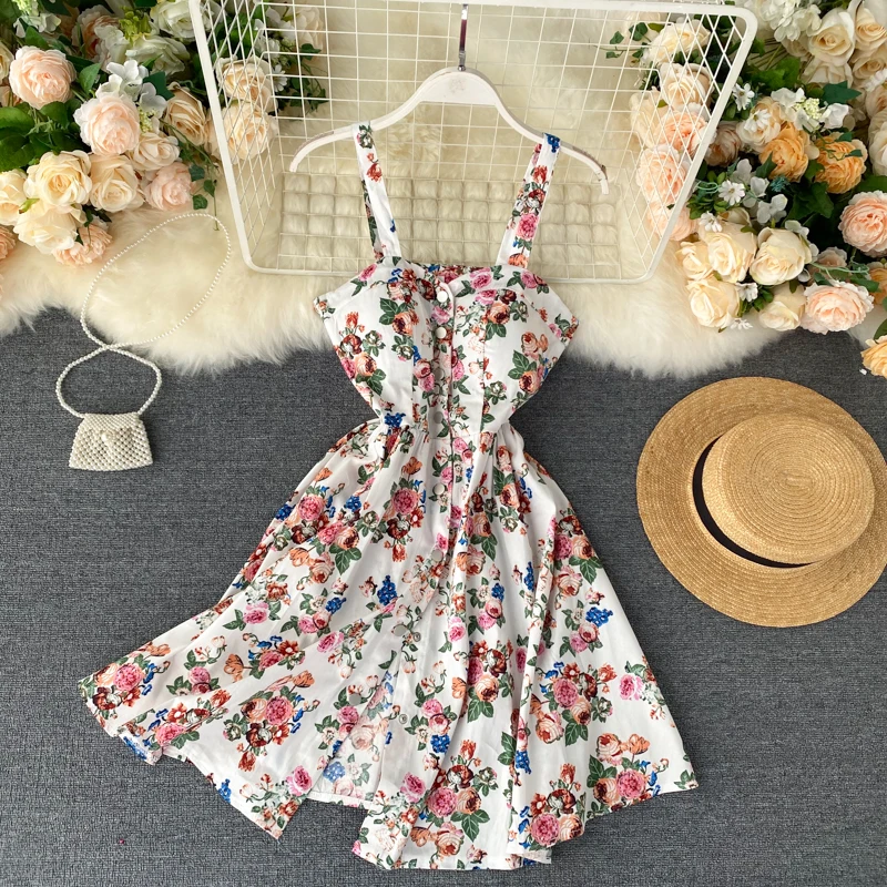 Floral Print Vintage Spaghetti Strap Retro Beach Boho Mini Dress