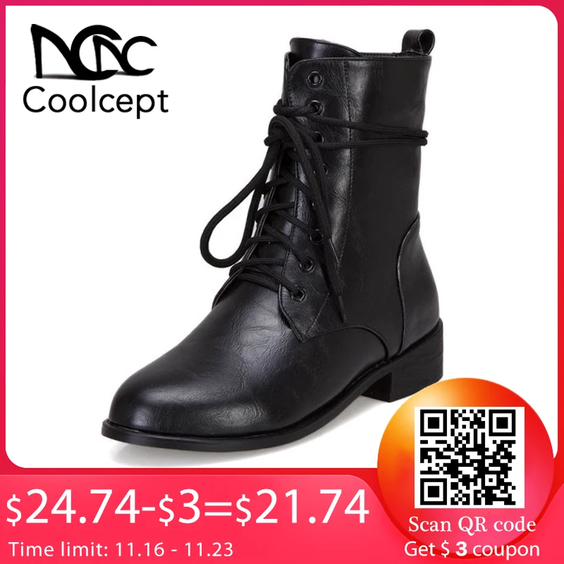 

Coolcept Plus Size 33-48 Woman Ankle Boots Solid Color Lace Up Round Toe Shoes Autumn Winter Daily Leisure Women Footwear