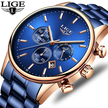 

LIGE New Mens Watches Top Brand Luxury Blue Stainless Steel Quartz Watch For Men Waterproof Sport Date Clock Relogio Masculino
