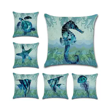 

Linen Starfish Sofa Decorative Marine Turtle Seahorse Cushion Cover Pillow Pillowcase 45*45cm Pillow Home Decor