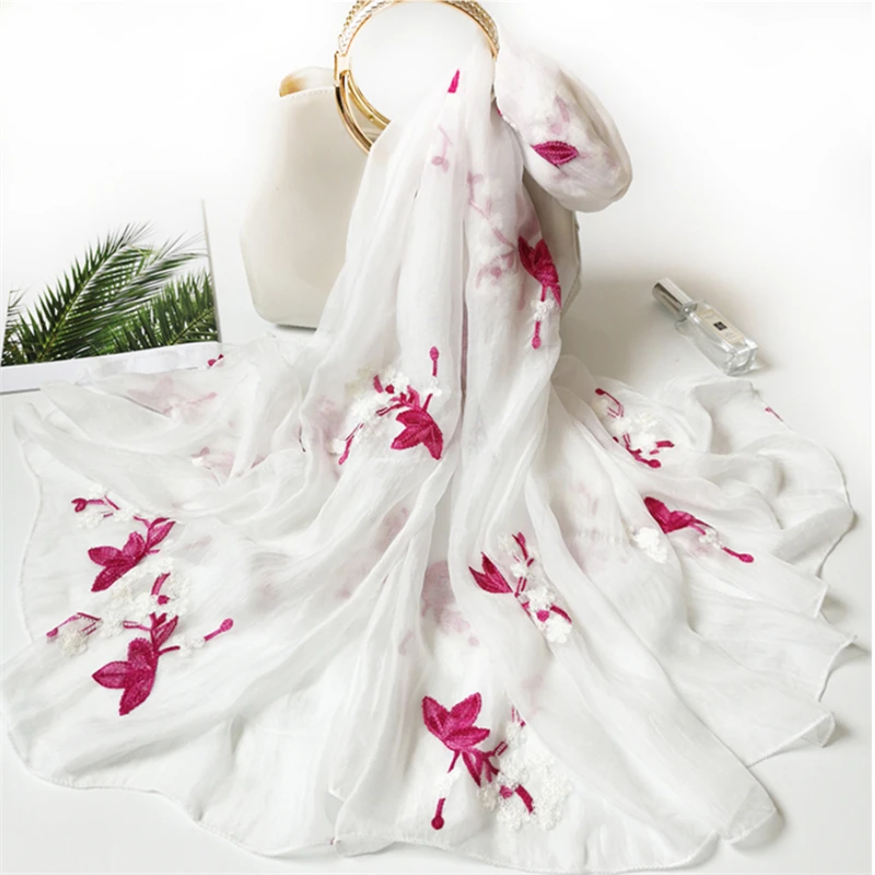 Embroidery Silk Scarves for Women New Fashion Floral Print Shawls and Wraps Thin Long Pashmina Lady Neck Scarf Hijab Femme