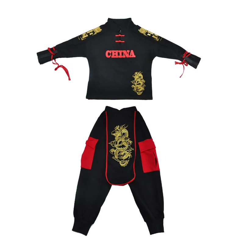 Children'S Chinese Style Jazz Street Dance Costumes Boys Black Martial Arts Performance Clothing Girls Hip Hop Clothing DQS3447
