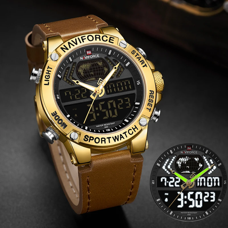 

NAVIFORCE Luxury Gold Mens Watch Sport LED Digital Quartz Watches Military Leather Waterproof Clock Male Relogio Masculino 2020