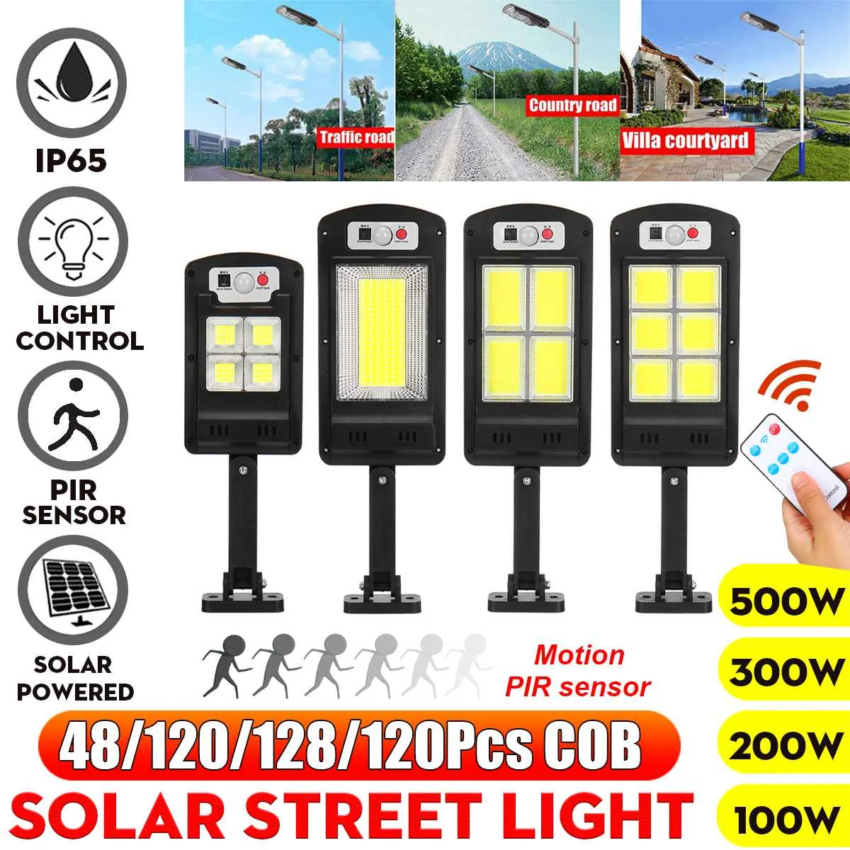500W-2500W Solar Power PIR Motion Street Light Yard Garden Wall Lamp W/ Remote