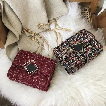 

Woolen Sling Bag New For Women 2020 Popular Wild One-shoulder Messenger Retro Chic Chain Small Square Bag Purses And Handbag #24