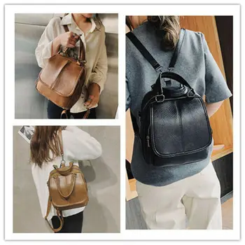 

Women Leather Backpack Female Multi-Function Handbag Travel School Portabele Shoulder Handbag Soft Personality Retro