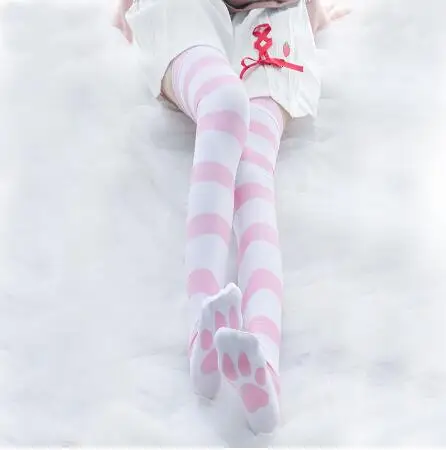 

Japanese Girls Pink Stripe Pattern Cat Claw Printed Stockings Lolita Socks Cosplay Stockings