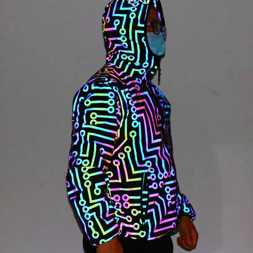 Men geometric circuit lines colorful reflective jackets hip hop windbreaker men's reflect light casual coats jaqueta masculina 2