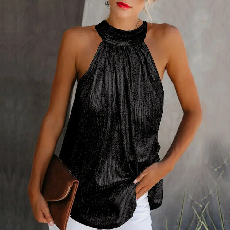 Lady Sleeveless Blouse Halter Neck Top Plain T-shirt Casual Summer Black Fashion