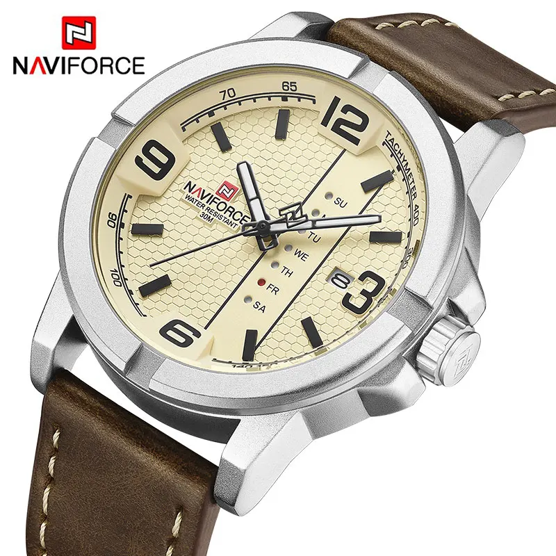 NAVIFORCE Men's Casual Quartz Calendar Watches Male Waterproof Leather Wrist Watch Fashion Big Dial Man Clock Relogio Masculino