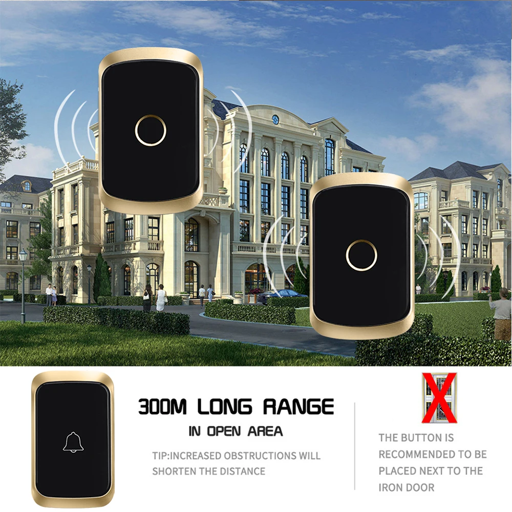 CACAZI Smart Home Welcome Wireless Doorbell 433Mhz 36 Songs Waterproof LED light Cordless Chimes Door Calling Bell US EU UK Plug wireless doorbell