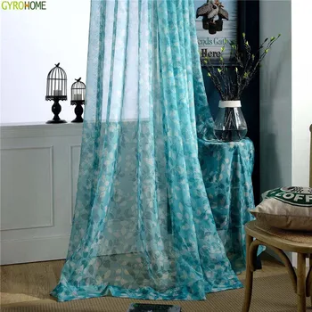 

America Retro Blue Leaves Tulle Curtains for Bedroom Living Room Drapes Sheer Translucent Voile