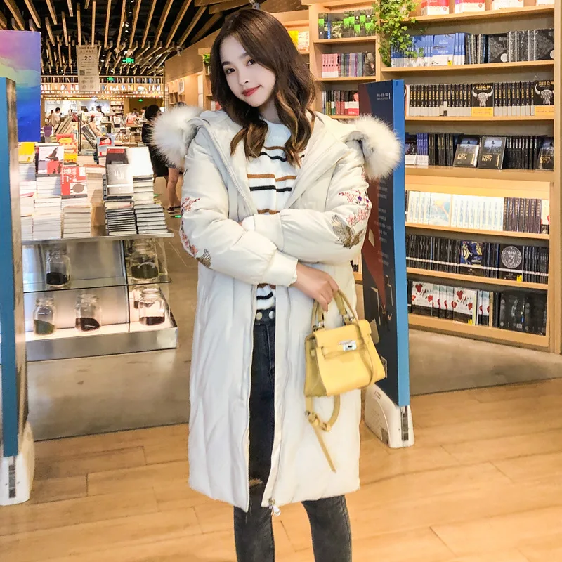 #*Cheap Flower Embroidery Women Winter Jacket Cotton Padded Warm Thicken Big Fur Collar Long Coats Parka Womens Jackets