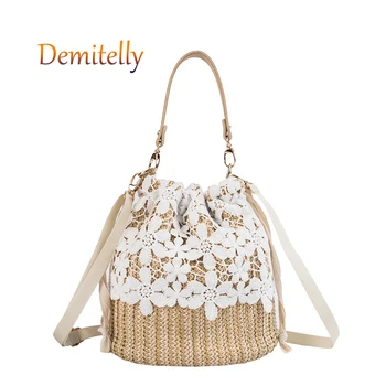 

New Women's Straw Beach Handbag Fashion Straw Lace Decorated Shoulder Messenger Bag Woven Women's Tote Bag Wallet