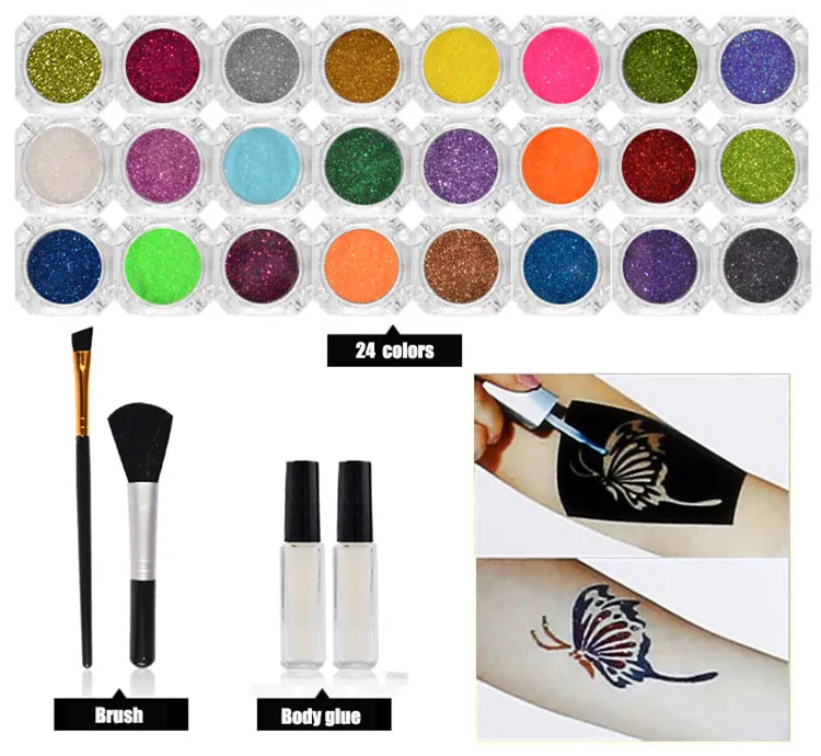 Пудра для временных татуировок мерцающий Алмазный набор блестящих татуировок 24 цвета для дизайна тела краска со стразами клей+ чернила для татуировки