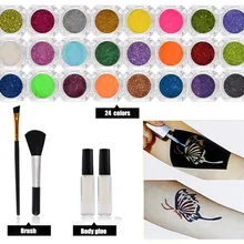 Пудра для временных татуировок мерцающий Алмазный набор блестящих татуировок 24 цвета для дизайна тела краска со стразами клей+ чернила для татуировки
