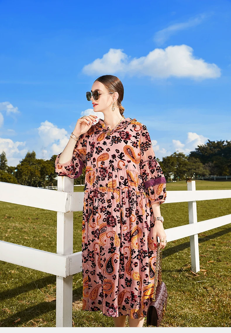 Flocking Flower Hooded Dress Female New Autumn