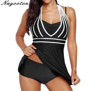 

Women Halter Swimdress Two Pieces Tankini Set Monokini Plus Size Bathing Suit Black White One Piece Swimsuit