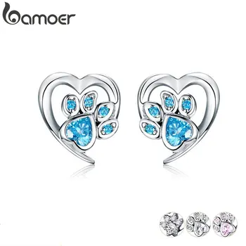 bamoer Blue Crystal Paw Stud Earrings for Girl Heart Shape CZ Footprint Ear Studs Jewelry Women 2019 New Design Bijoux SCE654