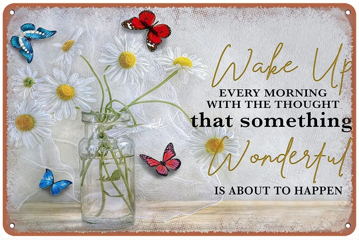 레트로 틴사인, 나비 프린트, 화이트 데이지, 멋진 일이 벌어질까 하는 생각, 매일 아침 깨우기