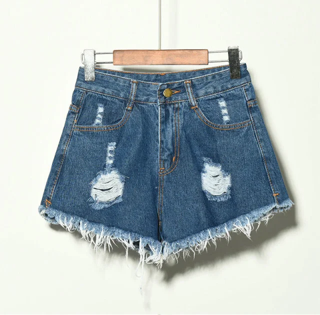 Plus Size Summer Casual Female Straight Mini Shorts Harajuku Jeans Vintage a-line High Waist Denim Hole Shorts for Women