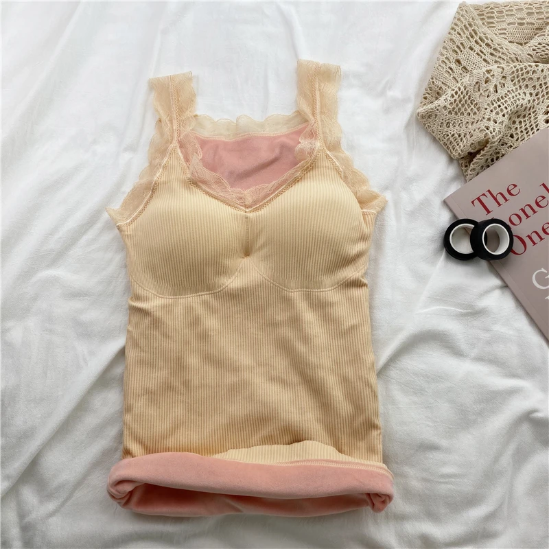 Зимнее теплое термобелье Cami, женское регулируемое кружевное нижнее белье с v-образным вырезом, плотный базовый жилет без рукавов, для девочек, большой размер, облегающий корсет - Цвет: see chart
