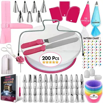 

200 Pieces Decorating Nozzle Set Cake Tools-Cake Decoration Kitchen DIY Icing Piping Cream Reusable Kit Baking Tool