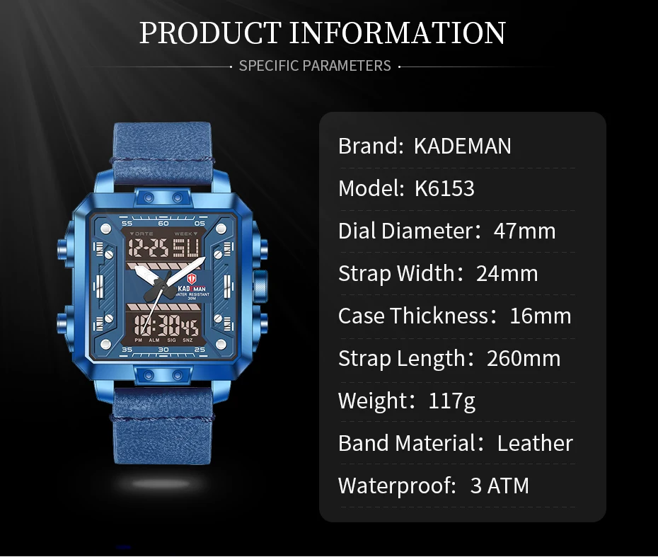 KADEMAN новые роскошные квадратные часы мужские спортивные водонепроницаемые военные наручные часы Топ бренд Dual Move Мужские t повседневные кожаные часы Relogio