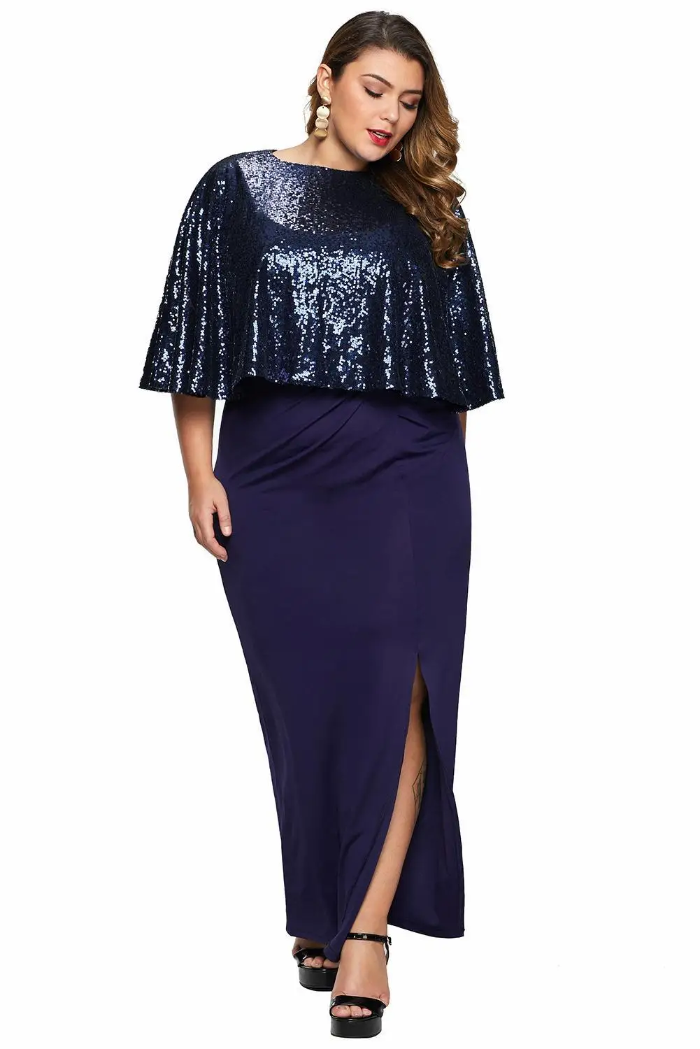 Черная/синяя Мерцающая накидка с пайетками размера плюс 5XL 4XL 3XL Макси-Платье Женская мода с разрезом по бокам элегантные вечерние длинные платья
