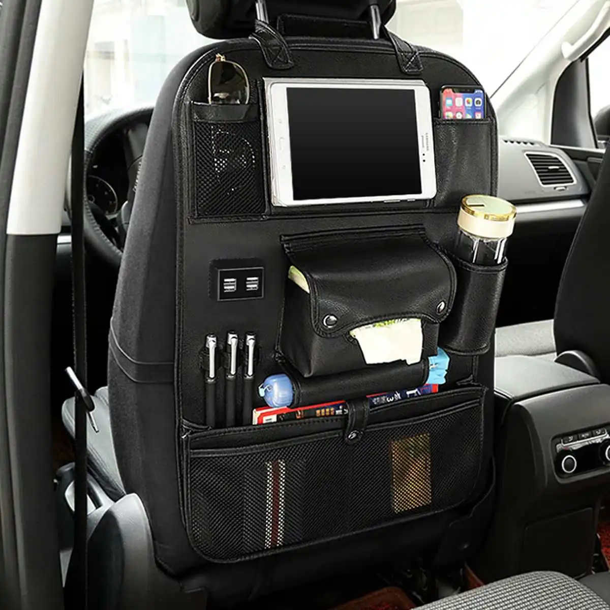 

4 Usb Charge Universal Leather Car Seat Back Storage Bag Foldable Organizer Multi Pockets Organizing Bag Tablet Holder durable