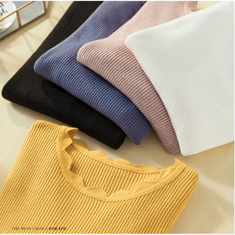 

Women Shiny Ruffles O neck Sweater 2019 Autumn Winter Slim Knitted Pullover Female European Solid Basic Sweater Tops