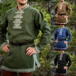 Мужская Ретро средневековая рубашка пиратский Викинг Хэллоуин Косплей костюмы Ренессанс печать v-образным вырезом туника с длинными