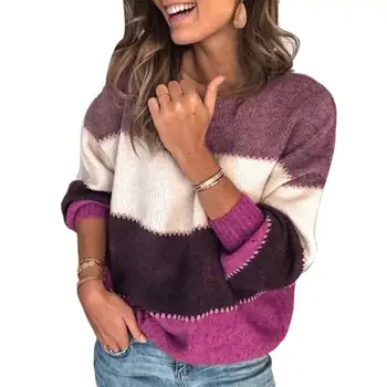 

Fashion Women Striped Color Block O Neck Long Sleeve Sweater Loose Knit Pullover