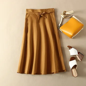 

ElfStyle Cotton 100% Gold Khaki Color High Waist Midi Skirt With Waist Ties