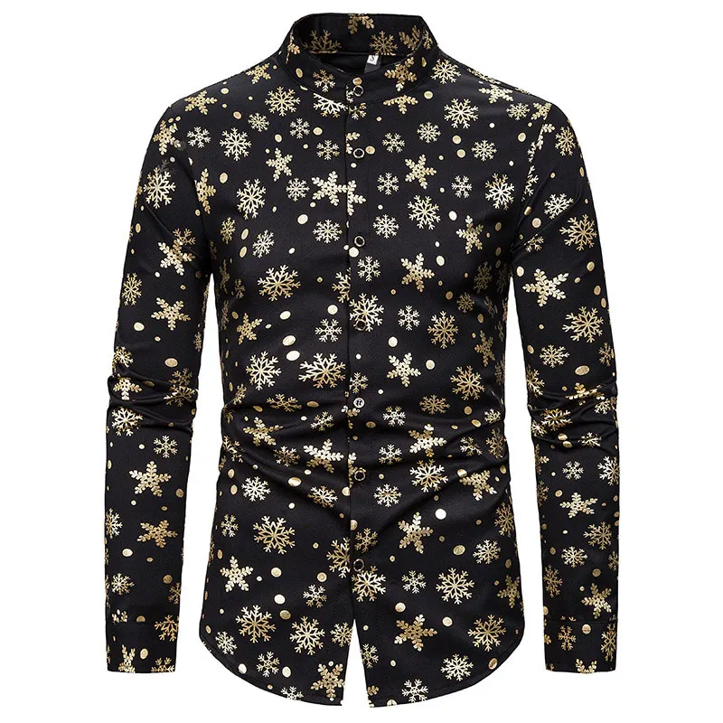 Рождественская Мужская рубашка с стоячим воротником, Черная Мужская рубашка, бронзовая рубашка со снежинками, мужские вечерние костюмы, Мужская модная уличная одежда - Цвет: gold