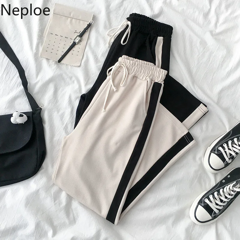 

Neploe Korean Leisure Long Pants Stretch Lace Up High Waist Wide Leg Trousers 2019 Autumn Side Stripe Contrast Color Pants 54100
