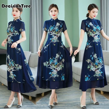 

2020 improved cheongsam dress asian clothes oriental ao dai dress floral print Vintage Casual Retro qipao vietnam clothing