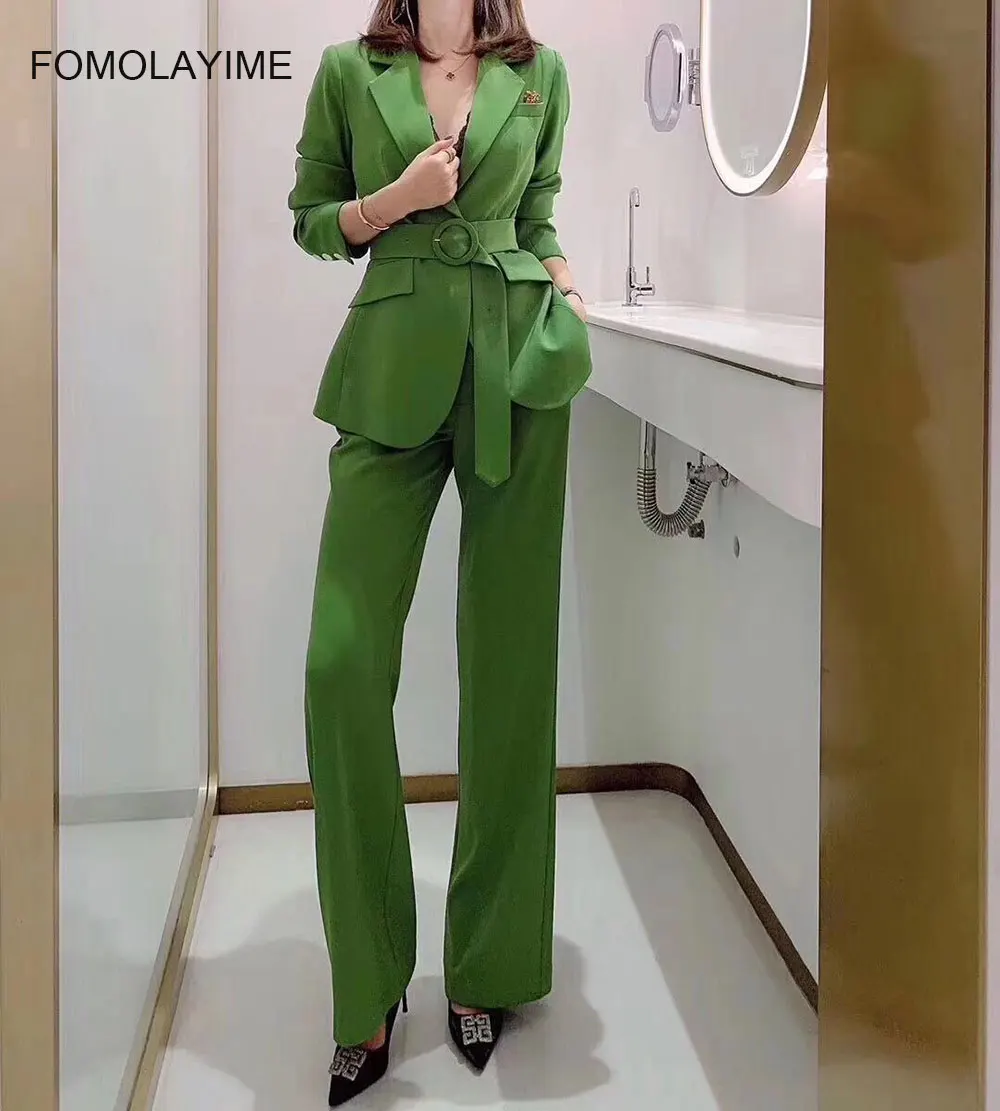 New Women Sets Spring 2020 Fashion Long-sleeved Blazers Suit Set Blazer and Wide-leg Trousers Two-piece Suit Set