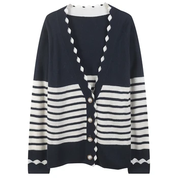 

Women Cardigan Loose V-Neck Striped Knitted Sweater Coat Contrast Color Top Pearl Button Long Sleeve Knitwear Autumn Winter