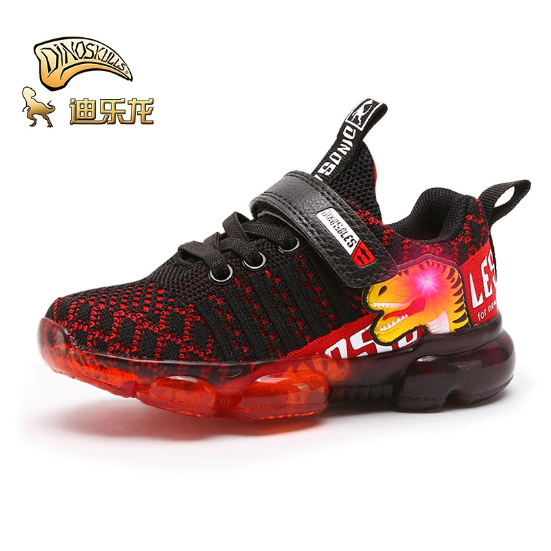 Бренд dinoskulls Осенняя обувь детская теннисная светящаяся спортивная обувь для мальчиков 3 маленьких детей светодиодный свет сетка дышащая школьная обувь - Цвет: black-LED