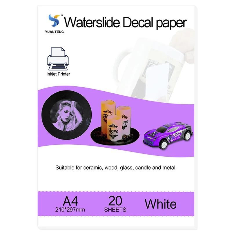 Papel para calcomanías de agua de inyección de tinta tamaño A4, 20 papel para calcomanías
