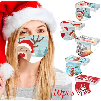 

10pc Adult Mask Disposable Unisex Christmas Printed Face Masks 3 Layer Meltblown Dustproof Cartoon Masque Earloop Mascarillas
