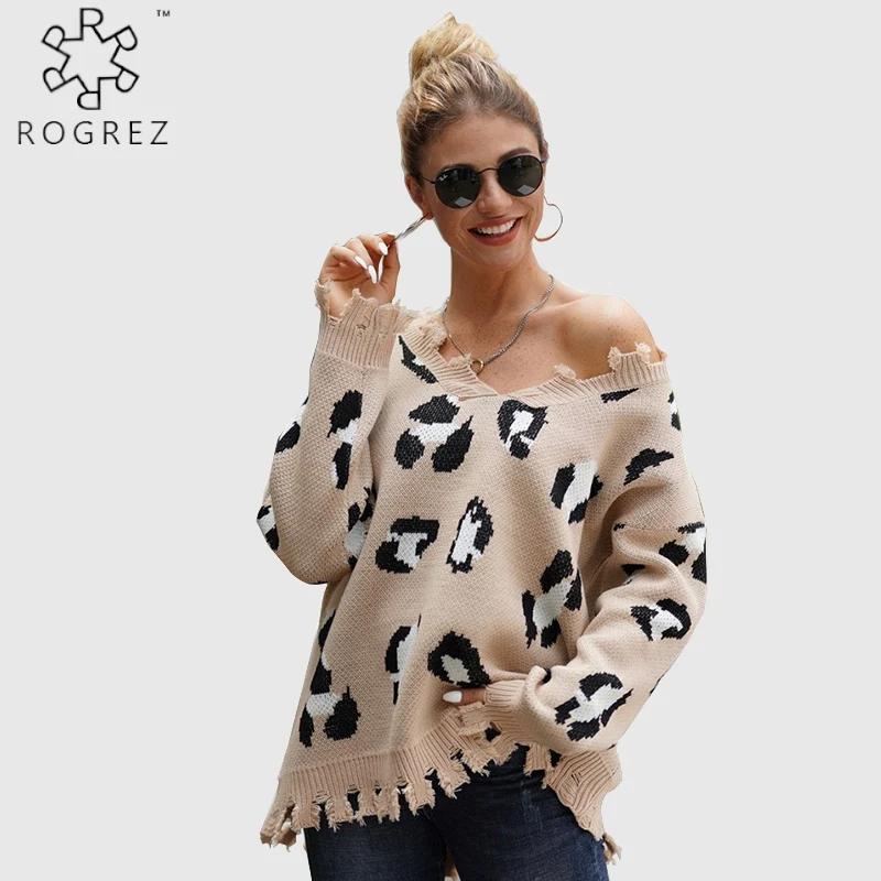 

ROGREZ White Khaki Plus Size Fashion Casual Office Leopard Sweaters Women Pullovers Knitting Cotton Loose Winter Sweater