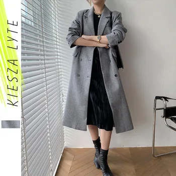 

Fashion Long Wool Winter Coat Women Elegant Grey Sashes Woolen Warm Loose Oversize Overcoat Ladies Outwear