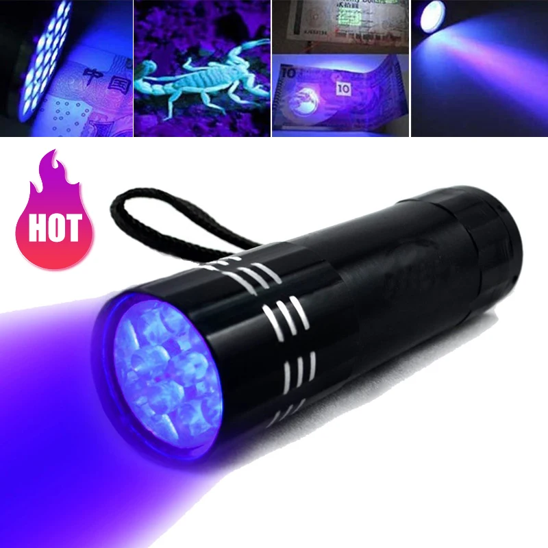 4.5V Black Mini Aluminum Uv Ultra Violet 9 Led Flashlight Torch Light Lamp USE 3 x AAA Alkaline batteries | Лампы и освещение