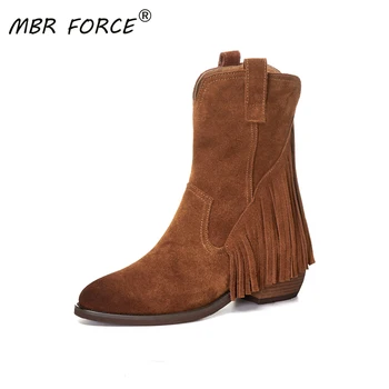 

MBR FORCE Cow Suede Retro British style Tassel Mid-calf Boots Women 2020 Height Increased Warm Elegant Booties Ladies boot shoes